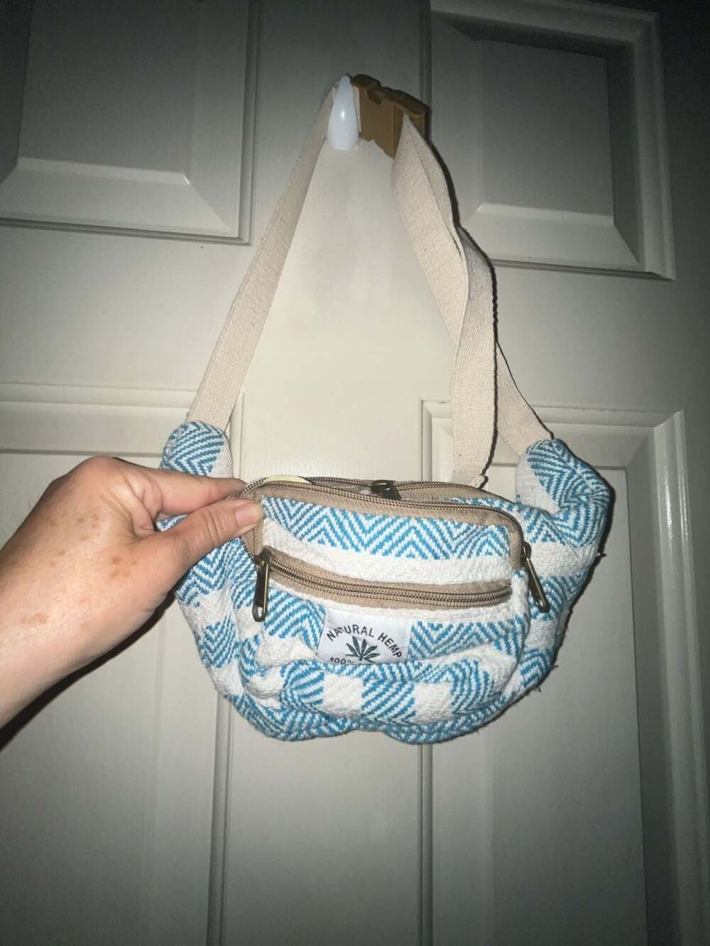 Natural Hemp 100% Woven Blue and White Zig Zag Fanny Pack Waist Bag